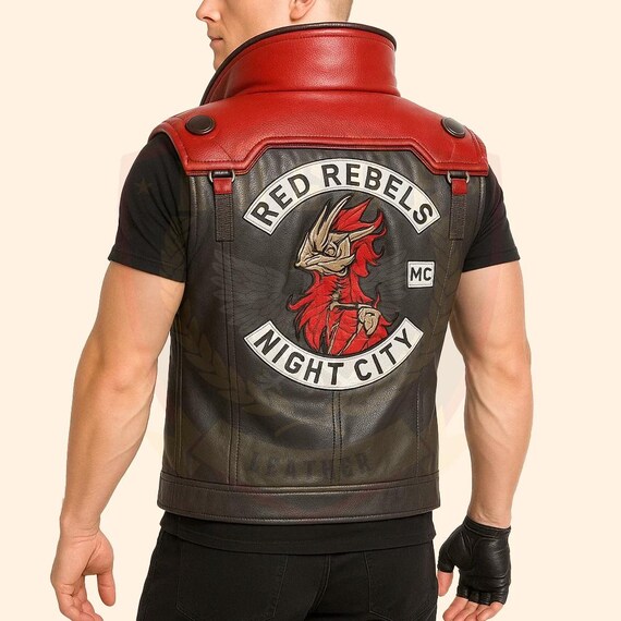 Red Rebels Leather Biker Vest, Night City Inspired Cosplay Outfit, Unique Gamer Gift