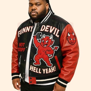 May include: A black and red leather varsity jacket with a devil graphic and the text "Funny Devil" and "Hot Stuff" on the front. The jacket also has the text "Hell Yeah!" on the front.