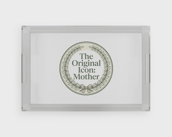 Acrylic Serving Tray with Original Icon: Mother Design, Elegant Botanical Wreath, Sentimental Gift for Mom, Classic Vintage Home Decor.