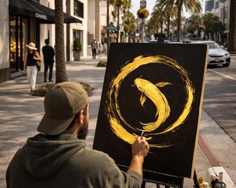 Japandi Koi Fish Art Print, Zen Gold Brushwork (Digital Download)