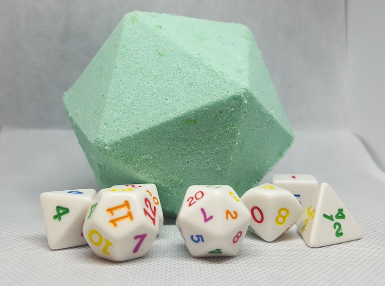 Large D20 Bath Bomb with complete suprise set of dice inside - DnD, Pathfinder, Polyhedral