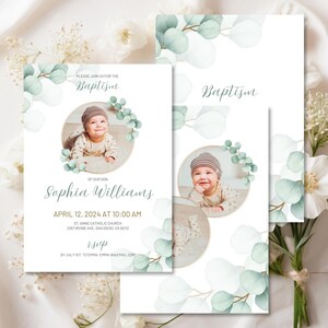 Floral Baptism Invitation with Photo: Editable Canva Template (Digital Download)