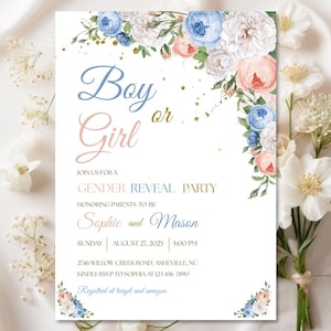Floral Gender Reveal Invitation: Editable Canva Template (Digital Download)