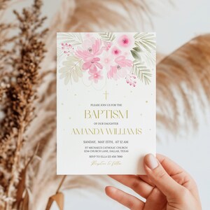 Flower Baptism Invitation: Pink Floral, Editable Canva Template (Digital Download)