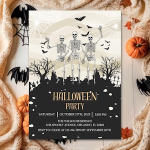 Skeleton Halloween Party Invitation: Editable Canva Template (Digital Download