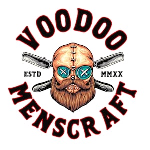 May include: A circular graphic logo featuring a stylized skull with a brown beard, teal button eyes with white cross stitching, and a stitched mouth. Two straight razors are crossed behind the skull. The text reads VOODOO MENSCRAFT ESTD MMXX.