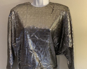 Vintage discoblouse uit de jaren 70 metallic zilver medium polkadot NOS Deadstock