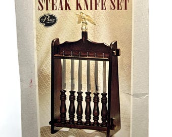 Vintage Early American Steak Knife Set Wood Display Rack Eagle Japan NOS
