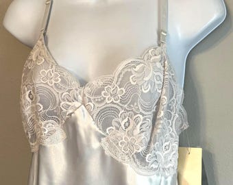 Vintage Wondermaid Full Slip Dress Silver White Lace Size 40 Large Nightgown