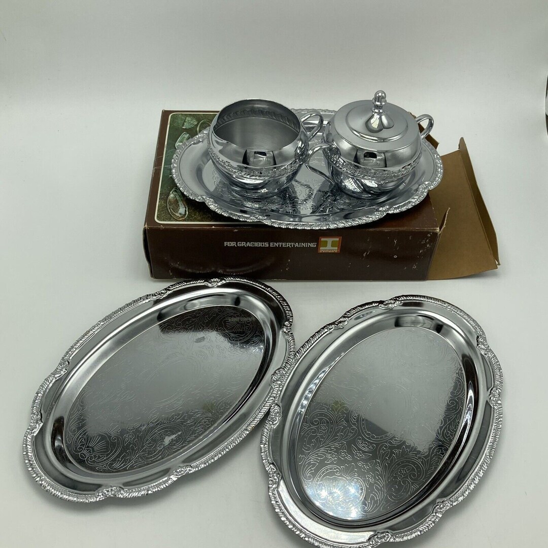 Vintage Irvinware Sugar Bowl Creamer Set Trays Chrome Metal Etsy