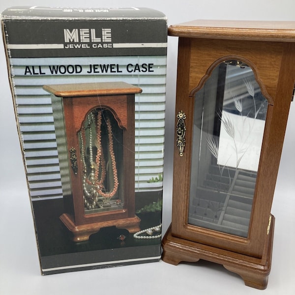 Mele Jewelry Box All Wood Jewel Case Etched Glass Door Necklace Ring Earring