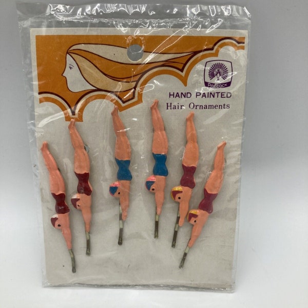 Vintage Hand Painted Bobby Pins Swimmers Divers 6 Piece NOS