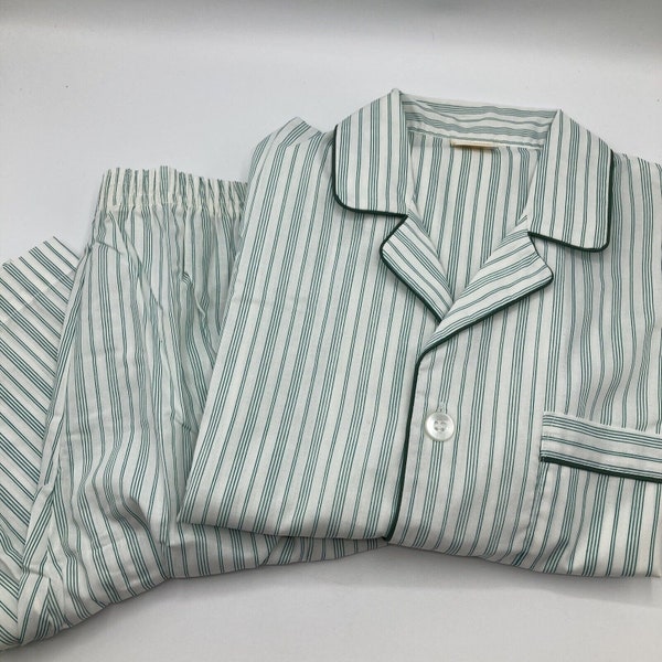 Vintage Sears Mens Pajamas Long Sleeve Pants Green White Stripes Medium