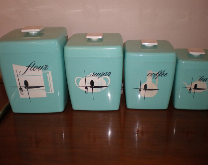Vintage Set of Turquoise Aqua Plastic Kitchen Canisters Etsy