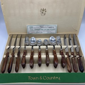 Vintage Town & Country Flatware Set 24 Piece Service for 6 Stainless Steel Wood