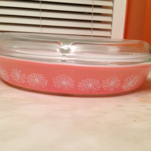 Vintage Pink Daisy Pyrex Divided Casserole Dish with Lid