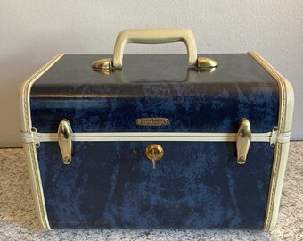 Vintage Samsonite Blue Marbled Train Case Luggage w/ Tray Key Mirror Suitcase