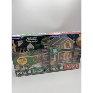 Peut inclure: Une boîte de logiciel rectangulaire pour Total 3D Landscape et Total 3D Home Deluxe 3.0 de Broderbund. L'emballage présente des images de maisons résidentielles et de jardins, avec du texte incluant Landscaping & Gardening, Fast & Simple, et Dream, Plan, Visualize, Budget.