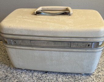 Vintage Samsonite Ivory Marbled Train Case Luggage Tray Key Mirror Suitcase