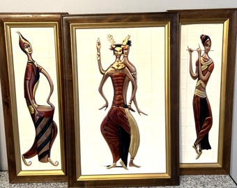 Mid Century 1950's Chinese Copper Relief Couple in Teak Frames