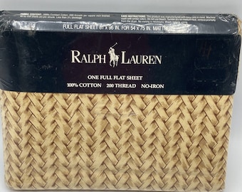 Vintage 1990 Ralph Lauren Full Flat Sheet Basketweave Herringbone Wicker