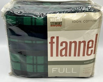 Martha Stewart Everyday Flannel Sheet Set Full Green Blue Plaid Vintage 2003