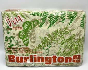 Vintage Burlington VERA Full Flat Sheet Green Shadow Fern Butterflies