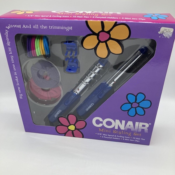 Conair Mini Styling Set 5/8" Spiral Curling Iron Ponytail Holders Jaw Clips 2003