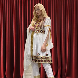 Elegant White Afghan Dress with Colorful Embroidery & Gold Details | Handmade Kuchi Outfit for Women | Eid, Wedding, Cultural Wear