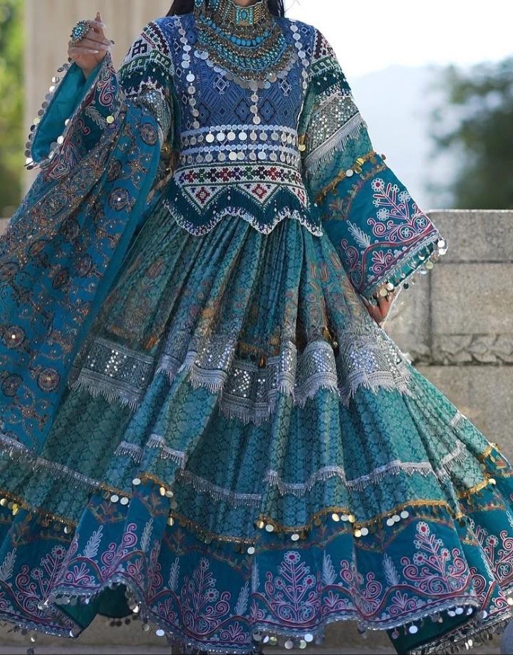 Turquoise Afghan Kuchi Dress Traditional Mirror Embroidered Gown