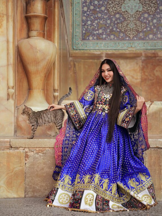 Royal Blue Afghan Kuchi Dress: Hand-Embroidered Gown, Jewelry Set