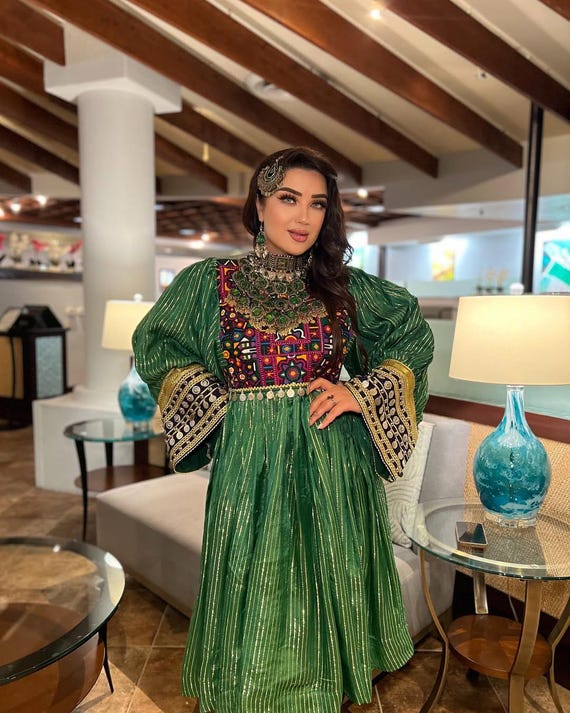 Embroidered Green Afghan Dress: Kuchi Jewelry Set, Ethnic Festival Outfit