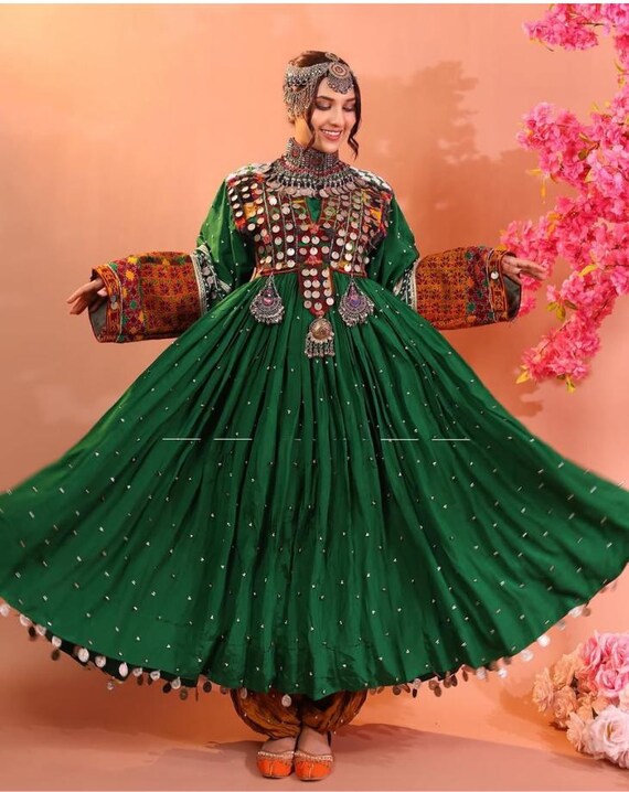 Handmade Green Afghan Dress: Kuchi Coins, Mirror Work & Jewelry Set