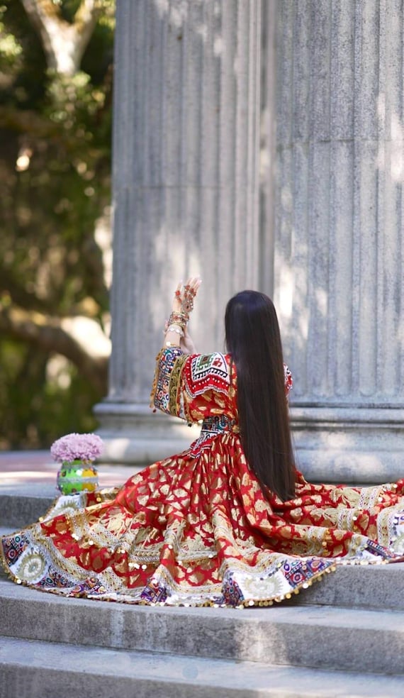 Red and Gold Afghan Dress: Handmade Embroidered Kuchi Style Red and Gold Afghan Dress: Handmade Embroidered Kuchi Style