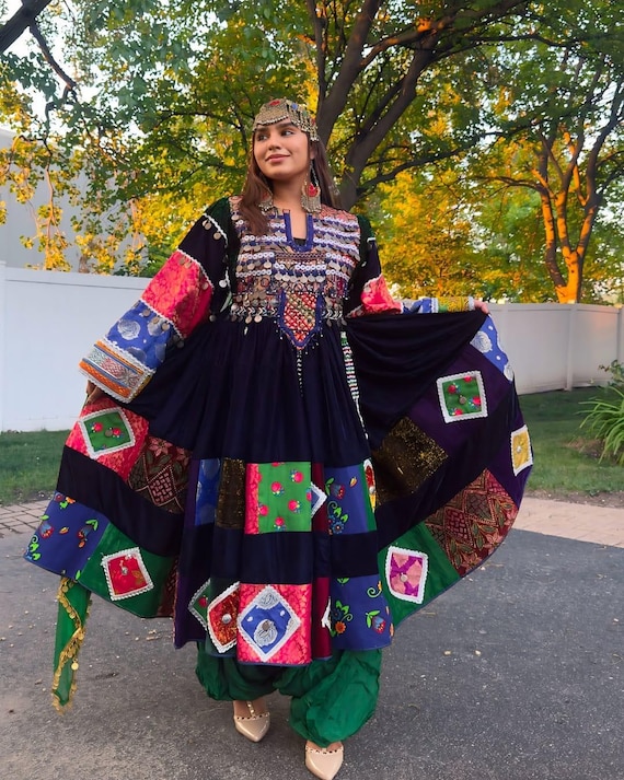 Handmade Afghan Patchwork Dress with Jewelry: Velvet Embroidered Attan Outfit
