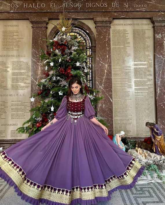 Purple Afghan Dress: Velvet Bodice, Golden Embroidery, Handmade Maxi Purple Afghan Dress: Velvet Bodice, Golden Embroidery, Handmade Maxi