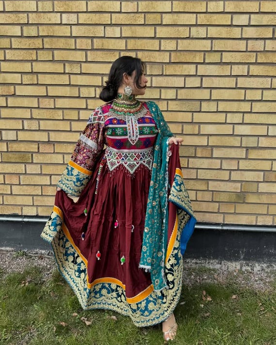 Embroidered Maroon Afghan Kuchi Dress: Green Jewelry & Turquoise Dupatta -  Etsy Hong Kong