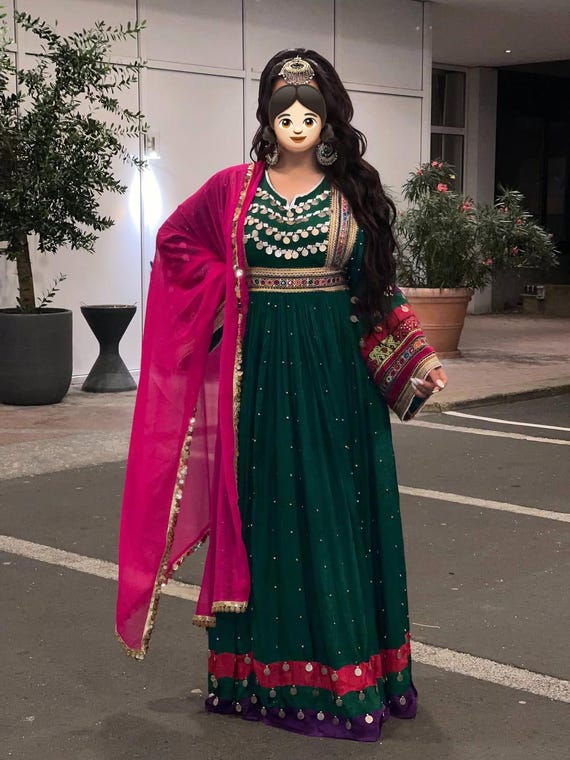 Embroidered Green Afghan Dress with Pink Dupatta: Traditional Wedding Wear