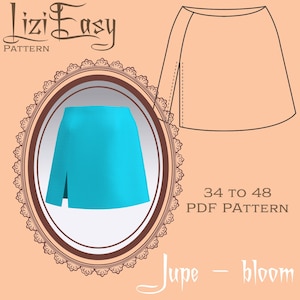 Peut inclure: Un patron de jupe turquoise avec une fente avant, présenté dans un cadre ovale décoratif. L'image comprend une esquisse de la jupe et le texte indiquant les tailles 34 à 48, ainsi que les mots "Jupe - bloom" et "PDF Pattern". Le logo Lizi Easy Pattern est en haut.