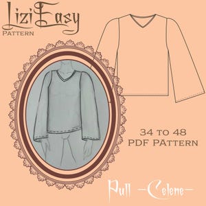 Peut inclure: Illustration numérique d'un patron de couture pour un pull à col en V et manches longues. Le patron est disponible en tailles 34 à 48 et est un téléchargement PDF. Le texte "Lizzi Easy Pattern" et "Pull - Celene" est également inclus dans l'image.