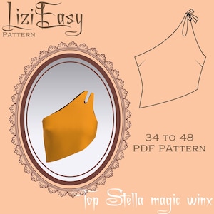 Puede incluir: Un patrón de top naranja con el texto "Lizi Easy Pattern" y "34 to 48 PDF Pattern". El diseño incluye un boceto del top y las palabras "Top Stella magic winx".