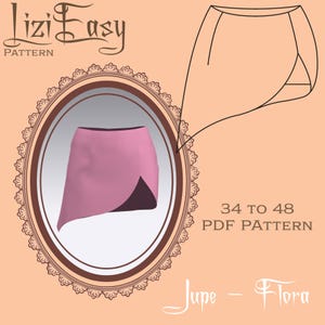 Puede incluir: Un patrón de falda rosa con un diseño asimétrico único, mostrado dentro de un marco ovalado decorativo. El texto "Lizi Easy Pattern" está en la parte superior, y "34 to 48 PDF Pattern" está debajo de un dibujo lineal de la falda. La palabra "Jupe - Flora" está en la parte inferior.