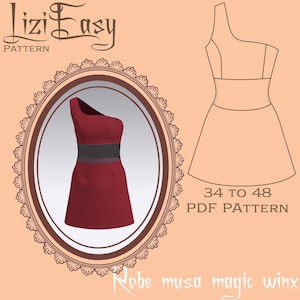 Könnte beinhalten: Ein rotes One-Shoulder-Kleid-Design mit schwarzem Taillenband wird in einem ovalen Rahmen dargestellt. Der Text "Lizi Easy Pattern" steht oben, und der Text "Robe musa magic winx" steht unten. Eine Strichzeichnung des Kleides und der Text "34 bis 48 PDF PATTERN" sind ebenfalls abgebildet.