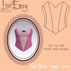 May include: A pink and light pink corset pattern with a V-neck design. The image includes the text "Lizi Easy Pattern" and "Top Flora magic winx". The pattern is available in sizes 34 to 48.