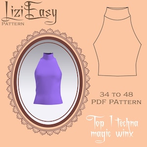 Peut inclure: Un modèle de haut dos nu lilas est présenté dans un cadre ovale, avec un contour assorti du patron. Le texte "Lizi Easy Pattern" est en haut, et "34 à 48 PDF Pattern" est en dessous du contour du patron. Les mots "Top 1 techna magic winx" sont en bas.