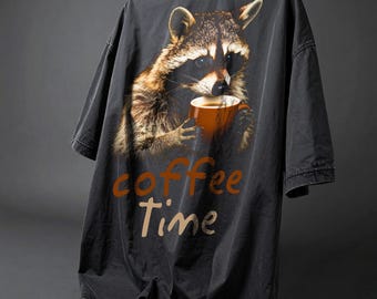 Coffee Raccoon Halftone T-Shirt Design: Funny DTG Tee Print (PNG)