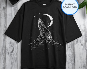 Wolf Howling at Moon Halftone T-Shirt Design (PNG Digital Download)