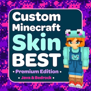 Pode incluir: Ilustração digital que promove skins personalizadas do Minecraft. A imagem apresenta um personagem pixelizado usando um chapéu de sapo e macacão. O texto na imagem diz "Custom Minecraft Skin BEST" com "Premium Edition" e "Java & Bedrock" abaixo.