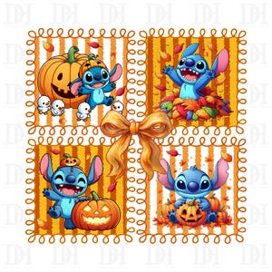 May include: A whimsical Halloween-themed illustration featuring the character Stitch in four panels. Stitch is depicted with pumpkins, autumn leaves, and small white birds. The background has orange and white stripes and a large orange bow.