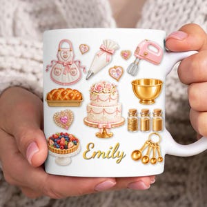 May include: White ceramic mug decorated with baking-themed illustrations, such as a pink apron, cake, mixer, and measuring spoons. The mug has the name "Emily" in gold script. A lovely gift for bakers.